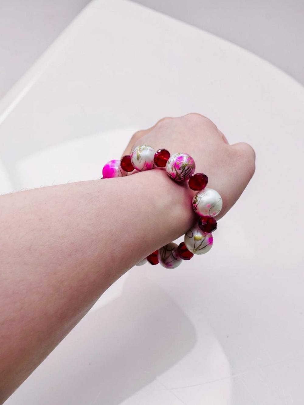 Handmade Pink & Red Beaded Stretch Bracelet | Statement Chunky Beads - Picture 4 of 4